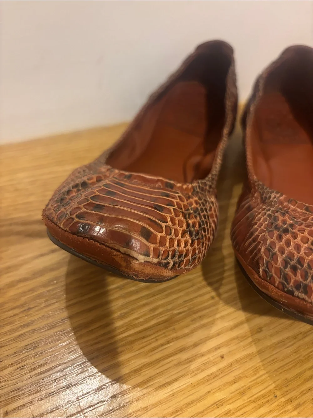 Tory Burch Brown Snakeskin-Texture Leather Ballet Flats